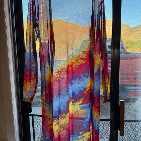NYC Rainbow Multicolor Mesh Rave Open Front Sheer Disco Duster Cardigan Medium - Picture 6 of 16